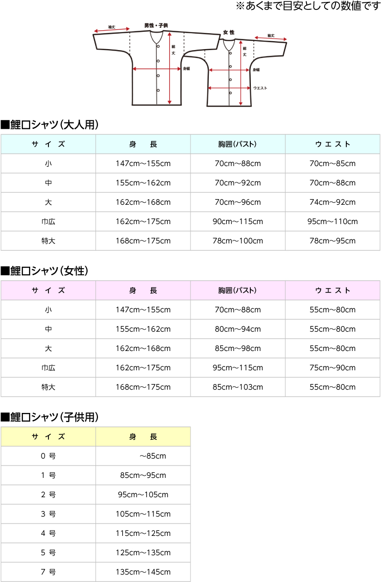 鯉口シャツのサイズ表